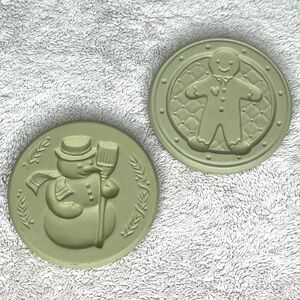Vintage Stoneware Shortbread Cookie Molds Set-Holiday Theme-Snowman-Gingerbread